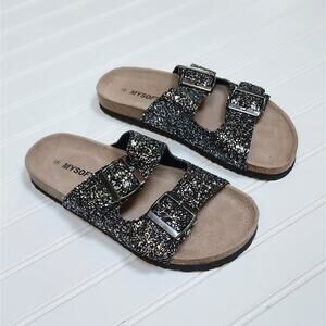 Mysoft Women's Leather Cork Footbed Glitter Slide Sandals